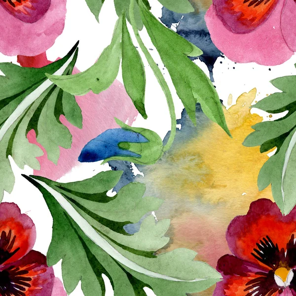 Viyola çiçek botanik çiçekleri ile süs. Suluboya arka plan illüstrasyon seti. Kesintisiz arka plan deseni.