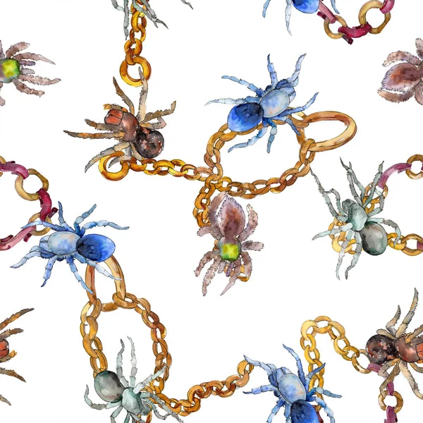 Egzotik tarantula örümcek vahşi böcek. Suluboya arka plan illüstrasyon seti. Kesintisiz arka plan deseni.