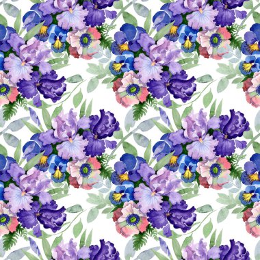 Buket çiçek botanik çiçekler. Suluboya arka plan illüstrasyon küme. Sorunsuz arka plan deseni.