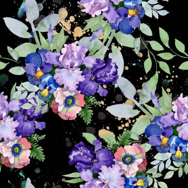 Buket çiçek botanik çiçekler. Suluboya arka plan illüstrasyon küme. Sorunsuz arka plan deseni.