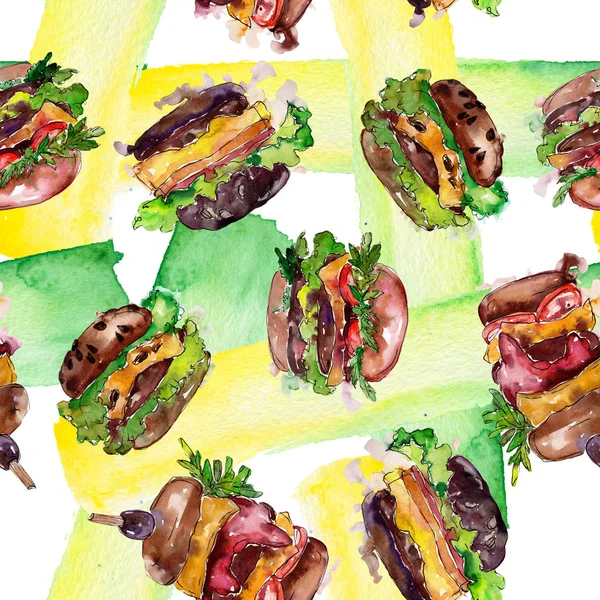 Hamburguesa de comida rápida aislada. Conjunto de ilustración de fondo acuarela. Patrón de fondo sin costuras . —  Fotos de Stock