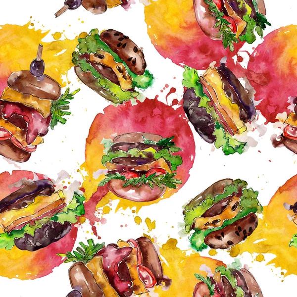 Hamburger Fast Food isoliert. Aquarell Hintergrundillustration Set. nahtloses Hintergrundmuster. — Stockfoto