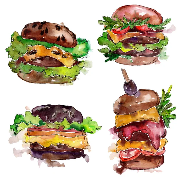 Hamburger Fast Food isoliert. Aquarell Hintergrundillustration Set. Isolierte Snack Illustration Element. — Stockfoto