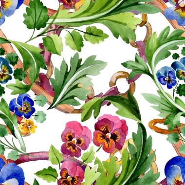 Viyola çiçek botanik çiçekleri ile süs. Suluboya arka plan illüstrasyon seti. Kesintisiz arka plan deseni.
