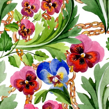 Viyola çiçek botanik çiçekleri ile süs. Suluboya arka plan illüstrasyon seti. Kesintisiz arka plan deseni.