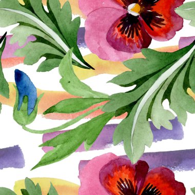 Viyola çiçek botanik çiçekleri ile süs. Suluboya arka plan illüstrasyon seti. Kesintisiz arka plan deseni.