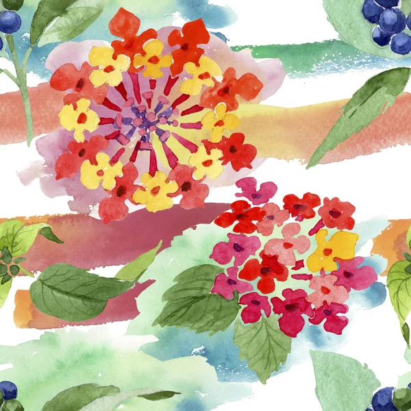 붉은 란타나 꽃 식물 꽃입니다. 수채화 배경 일러스트 세트입니다. 원활한 배경 패턴. — 스톡 사진