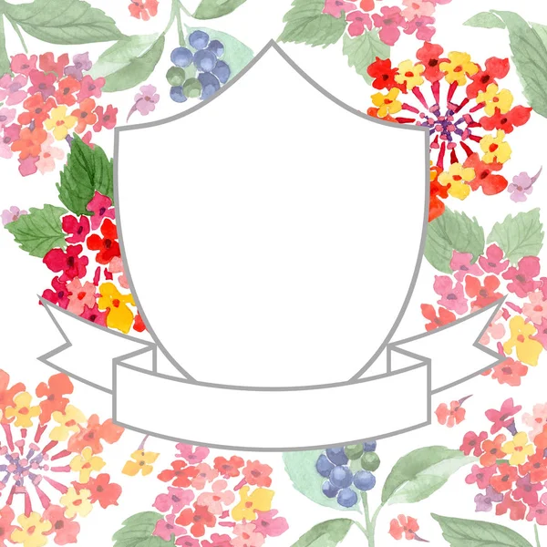 Röd Lantana blommiga botaniska blommor. Akvarell bakgrund illustration uppsättning. Ram kant prydnad kvadrat. — Stockfoto