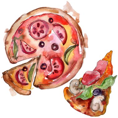 Fast food itallian pizza lezzetli yemek. Suluboya arka plan illüstrasyon seti. İzole fast food illüstrasyon elemanı.