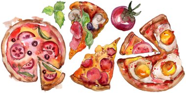 Fast food itallian pizza lezzetli yemek. Suluboya arka plan illüstrasyon seti. İzole fast food illüstrasyon elemanı.