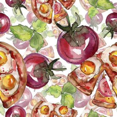 Fast food itallian pizza lezzetli yemek. Suluboya arka plan illüstrasyon seti. Kesintisiz arka plan deseni.