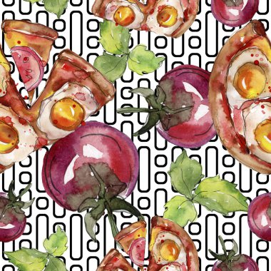 Fast food itallian pizza lezzetli yemek. Suluboya arka plan illüstrasyon seti. Kesintisiz arka plan deseni.