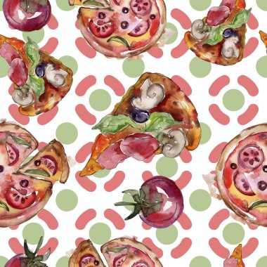 Fast food itallian pizza lezzetli yemek. Suluboya arka plan illüstrasyon seti. Kesintisiz arka plan deseni.