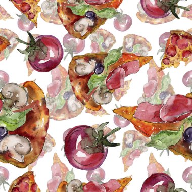 Fast food itallian pizza lezzetli yemek. Suluboya arka plan illüstrasyon seti. Kesintisiz arka plan deseni.