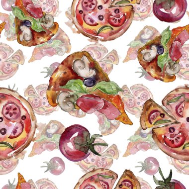 Fast food itallian pizza lezzetli yemek. Suluboya arka plan illüstrasyon seti. Kesintisiz arka plan deseni.