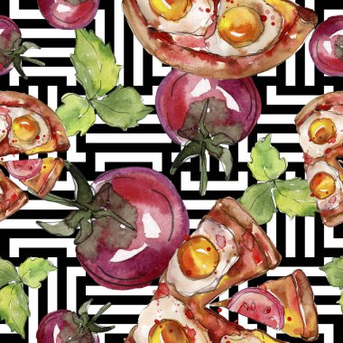 Fast food itallian pizza lezzetli yemek. Suluboya arka plan illüstrasyon seti. Kesintisiz arka plan deseni.