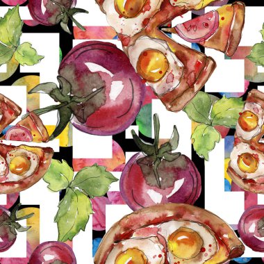 Fast food itallian pizza lezzetli yemek. Suluboya arka plan illüstrasyon seti. Kesintisiz arka plan deseni.