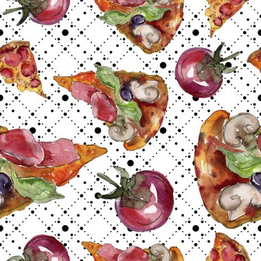 Fast food itallian pizza lezzetli yemek. Suluboya arka plan illüstrasyon seti. Kesintisiz arka plan deseni.