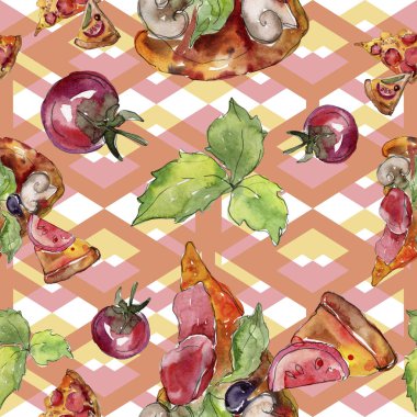 Fast food itallian pizza lezzetli yemek. Suluboya arka plan illüstrasyon seti. Kesintisiz arka plan deseni.