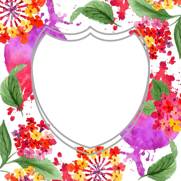 Flores botánicas de lantana roja. Conjunto de ilustración de fondo acuarela. Marco borde ornamento cuadrado . — Foto de Stock