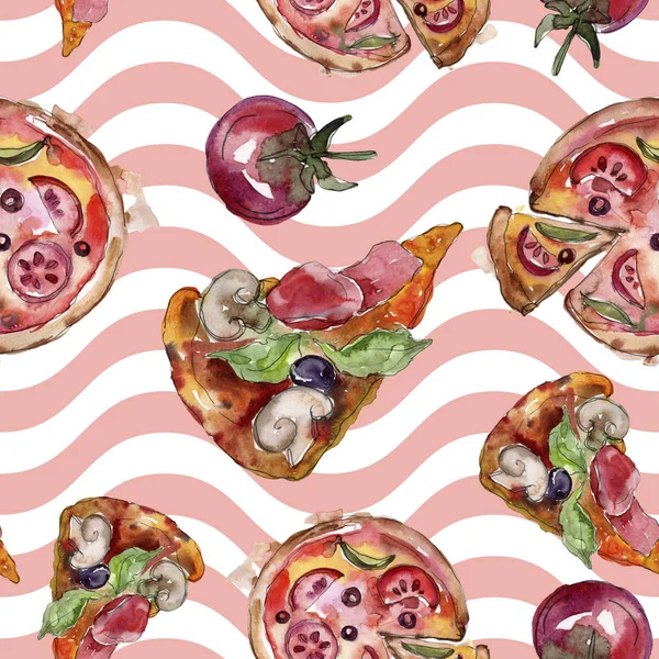 Fast Food italienische Pizza leckeres Essen. Aquarell Hintergrundillustration Set. nahtloses Hintergrundmuster. — Stockfoto