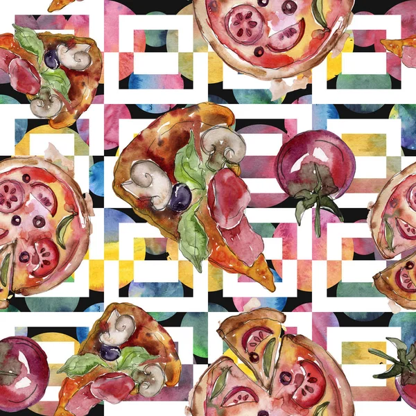 Restauration rapide pizza itallienne nourriture savoureuse. Ensemble d'illustration de fond aquarelle. Modèle de fond sans couture . — Photo