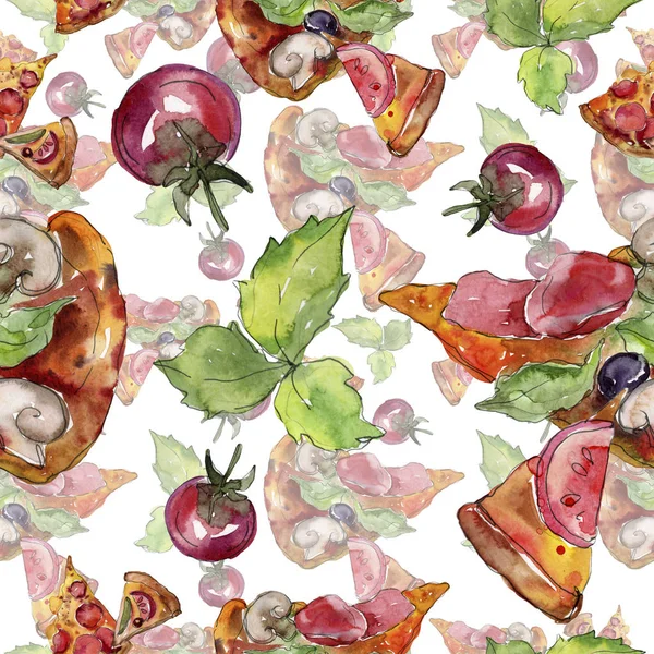 Fast Food italienische Pizza leckeres Essen. Aquarell Hintergrundillustration Set. nahtloses Hintergrundmuster. — Stockfoto