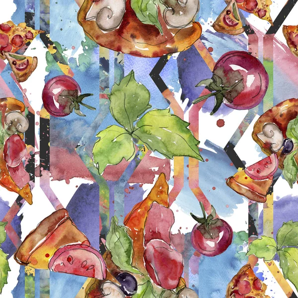 Gyorsétterem-itallian pizza ízletes ételeket. Akvarell háttér illusztráció meg. Folytonos háttérmintázat. — Stock Fotó