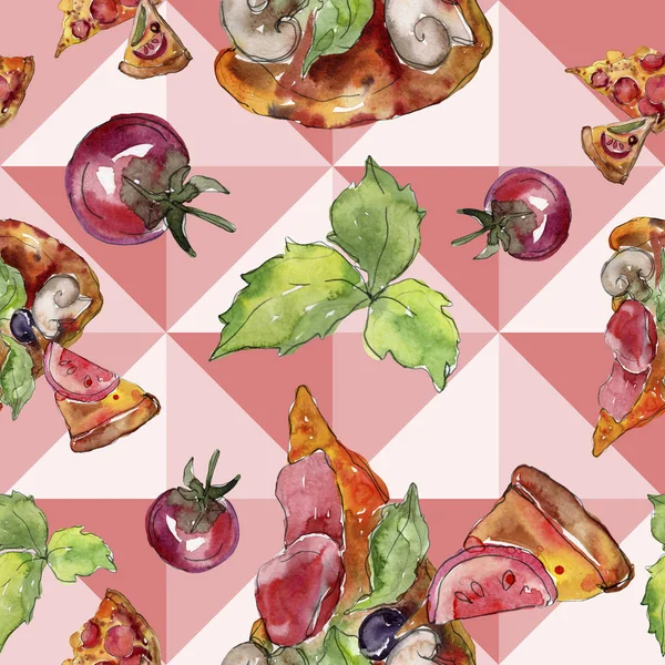 Fast Food italienische Pizza leckeres Essen. Aquarell Hintergrundillustration Set. nahtloses Hintergrundmuster. — Stockfoto