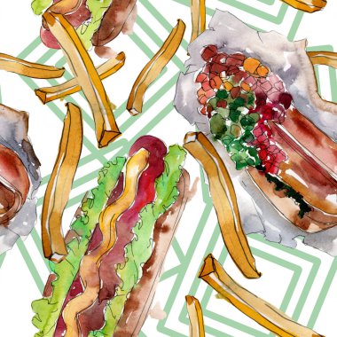 Sosisli fast food izole. Suluboya arka plan illüstrasyon seti. Kesintisiz arka plan deseni.