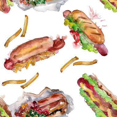 Sosisli fast food izole. Suluboya arka plan illüstrasyon seti. Kesintisiz arka plan deseni.