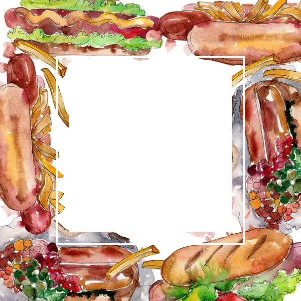 Hot Dog Fast Food isoliert. Aquarell Hintergrundillustration Set. Rahmen Rand Ornament Quadrat. — Stockfoto