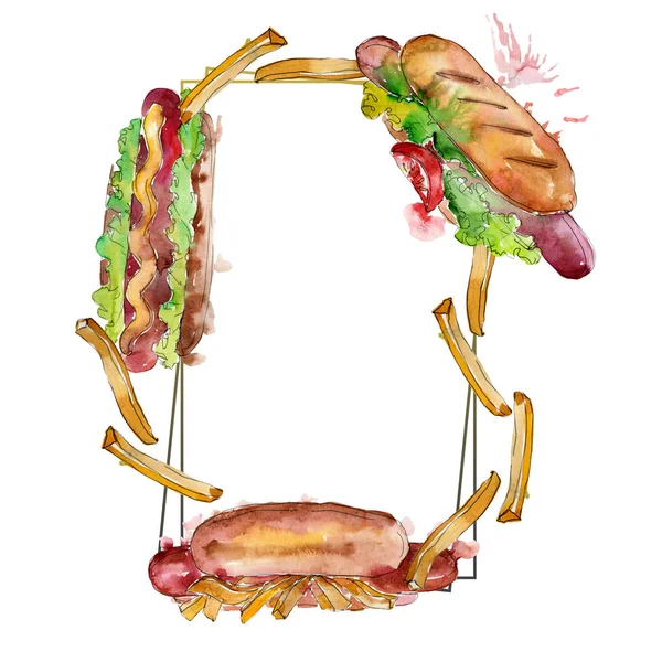 Hot dog fast food isolado. Conjunto de ilustração de fundo aquarela. Quadro borda ornamento quadrado . — Fotografia de Stock