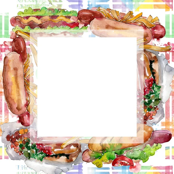 Hot Dog Fast Food isoliert. Aquarell Hintergrundillustration Set. Rahmen Rand Ornament Quadrat. — Stockfoto