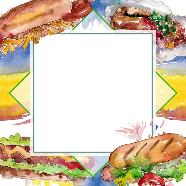 Hot Dog Fast Food isoliert. Aquarell Hintergrundillustration Set. Rahmen Rand Ornament Quadrat. — Stockfoto