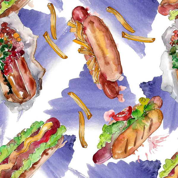 Hot dog fast food isolado. Conjunto de ilustração de fundo aquarela. Padrão de fundo sem costura . — Fotografia de Stock