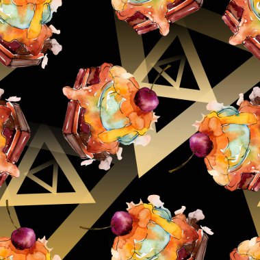 Lezzetli kek ve çörek tatlısı. Suluboya arka plan illüstrasyon seti. Kesintisiz arka plan deseni.