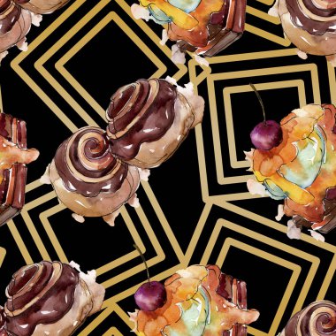 Lezzetli kek ve çörek tatlısı. Suluboya arka plan illüstrasyon seti. Kesintisiz arka plan deseni.