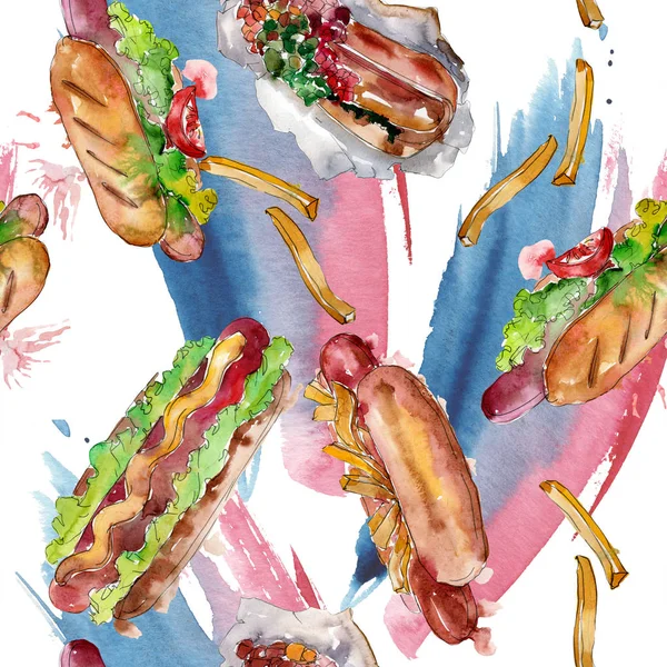 Hot dog fast food isolato. Acquerello sfondo illustrazione set. Modello di sfondo senza soluzione di continuità . — Foto Stock