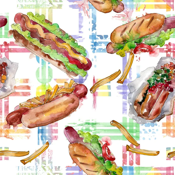 Hot dog fast food isolato. Acquerello sfondo illustrazione set. Modello di sfondo senza soluzione di continuità . — Foto Stock
