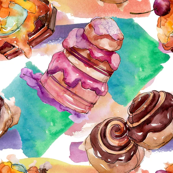 Tasty cake and bun sweet dessert. Watercolor background illustration set. Seamless background pattern. — Stock Photo, Image