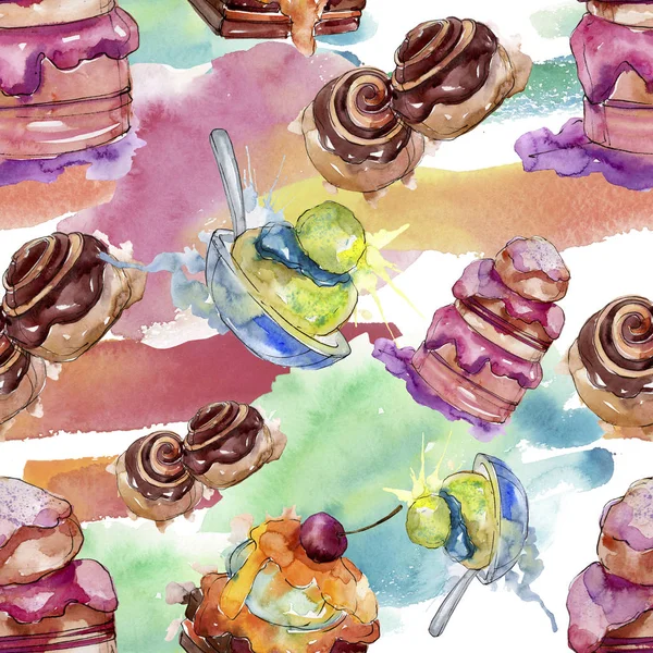 Smakelijke cake en broodje zoete dessert. Aquarel achtergrond illustratie instellen. Naadloos achtergrond patroon. — Stockfoto