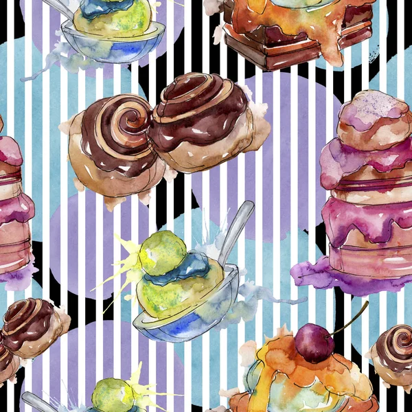 Leckeren Kuchen und Brötchen süßes Dessert. Aquarell Hintergrundillustration Set. nahtloses Hintergrundmuster. — Stockfoto