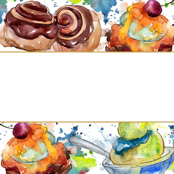 Tasty cake and bun sweet dessert. Watercolor background illustration set. Frame border ornament square. — Stock Photo, Image