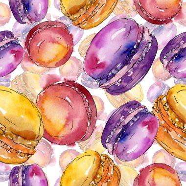 Suluboya tarzında lezzetli kek ve tatlılar. Suluboya illüstrasyon seti. Kesintisiz arka plan deseni.