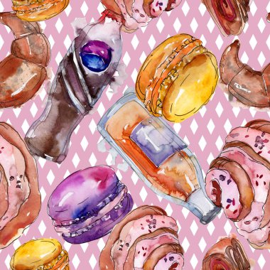 Suluboya tarzında lezzetli kek ve tatlılar. Suluboya illüstrasyon seti. Kesintisiz arka plan deseni.