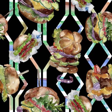 Hamburger fast food izole. Suluboya arka plan illüstrasyon seti. Dikişsiz arka zemin deseni.