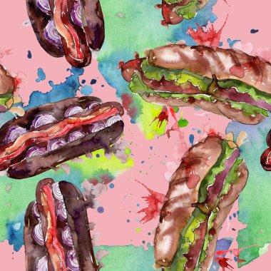 Sosisli fast food izole. Suluboya arka plan illüstrasyon seti. Kesintisiz arka plan deseni.