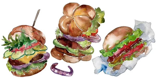 Hamburger Fast Food geïsoleerd. Aquarel achtergrond illustratie instellen. Geïsoleerd fastfood illustratie element. — Stockfoto