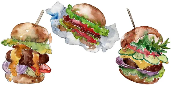 Hamburger Fast Food geïsoleerd. Aquarel achtergrond illustratie instellen. Geïsoleerd fastfood illustratie element. — Stockfoto